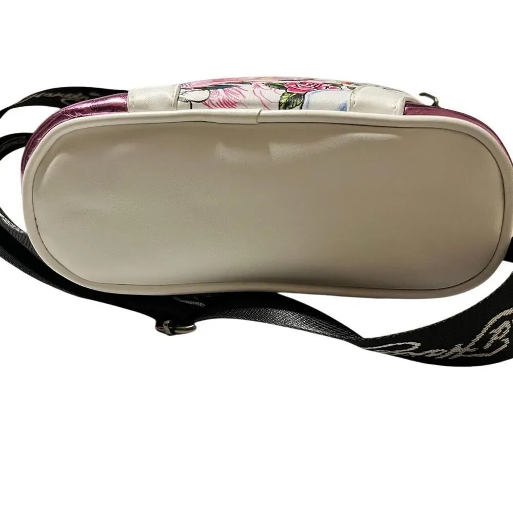 New Retro Y2K Ed Hardy Pink Metallic white tattoo print crossbody Skull Charms